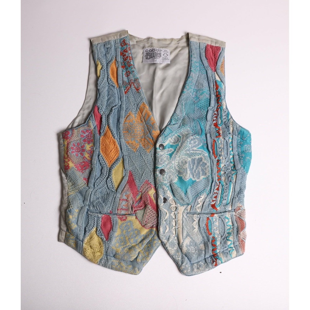 Vintage 80s Coogi Blues Knit Vest Mens Small Multi Color 3D Texture Australia